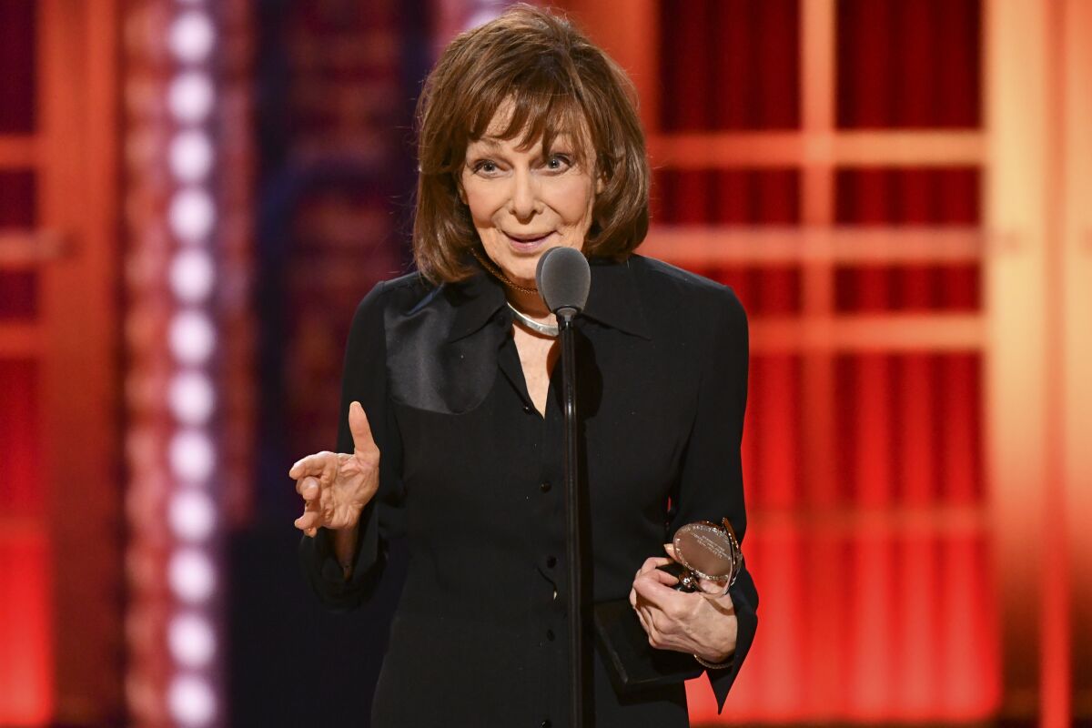 FILE - Elaine May accepts the best performance by an actress in a leading role in a play for "The Waverly Gallery" at the 73rd annual Tony Awards on June 9, 2019, in New York. May is this year's recipient of the PEN/Mike Nichols writing for performance award, a $25,000 prize established in 2019 to honor the legacy of Nichols (Photo by Charles Sykes/Invision/AP, File)