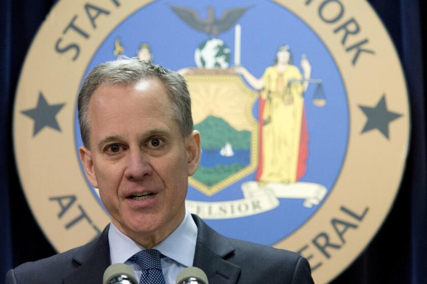 FILE - In this Feb. 11, 2016 file photo, New York Attorney General Eric Schneiderman speaks during a news conference in New York. Schneiderman resigned from office Monday, May 7, 2018, after several women accused him of violently slapping and choking them. They say the abuse happened during romantic encounters, and that they were also verbally abused and threatened. (AP Photo/Mary Altaffer, File)