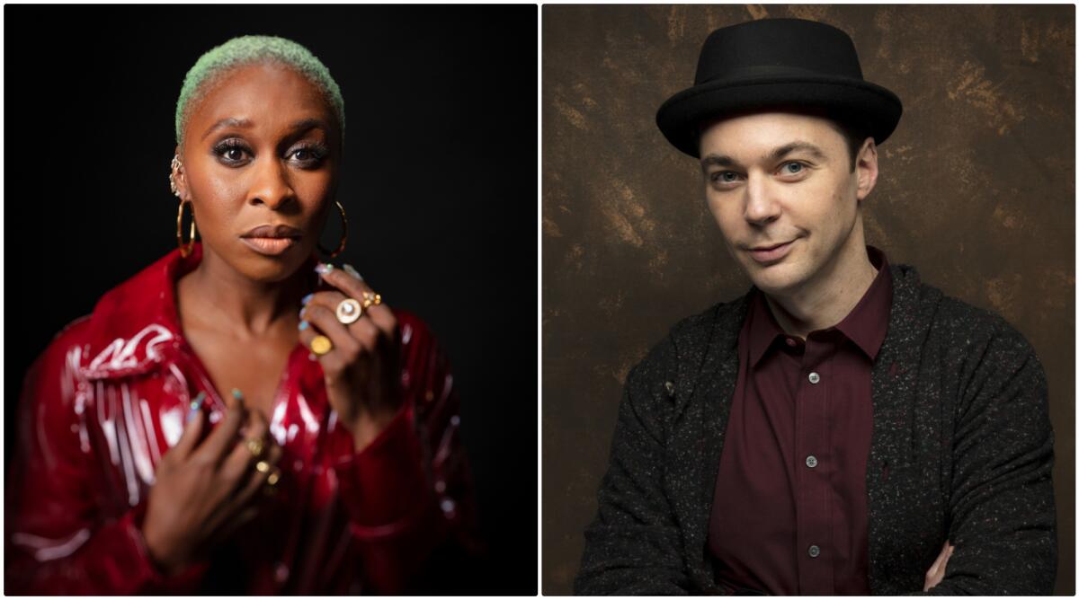 Side by side portraits of Cynthia Erivo and Jim Parsons 