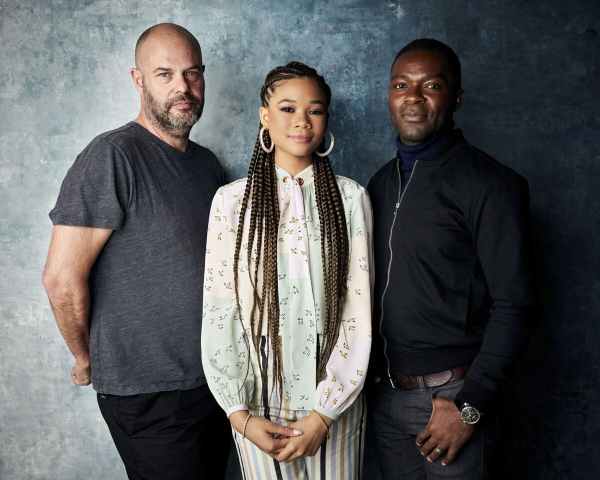 Writer-director Jacob Estes, left, Storm Reid and David Oyelowo promote the film "Relive" at the Salesforce Music Lodge during the Sundance Film Festival.