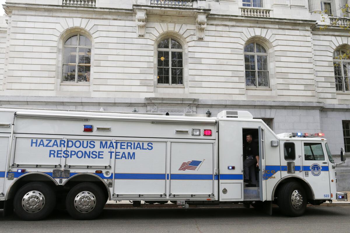 A Capitol Police Hazardous Materials Response Team truck is parked at the Russell Senate Office building on Capitol Hill in Washington.