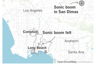 A map of where the sonic boom was, in San Dimas, and where it was felt in the Long Beach/Compton area.