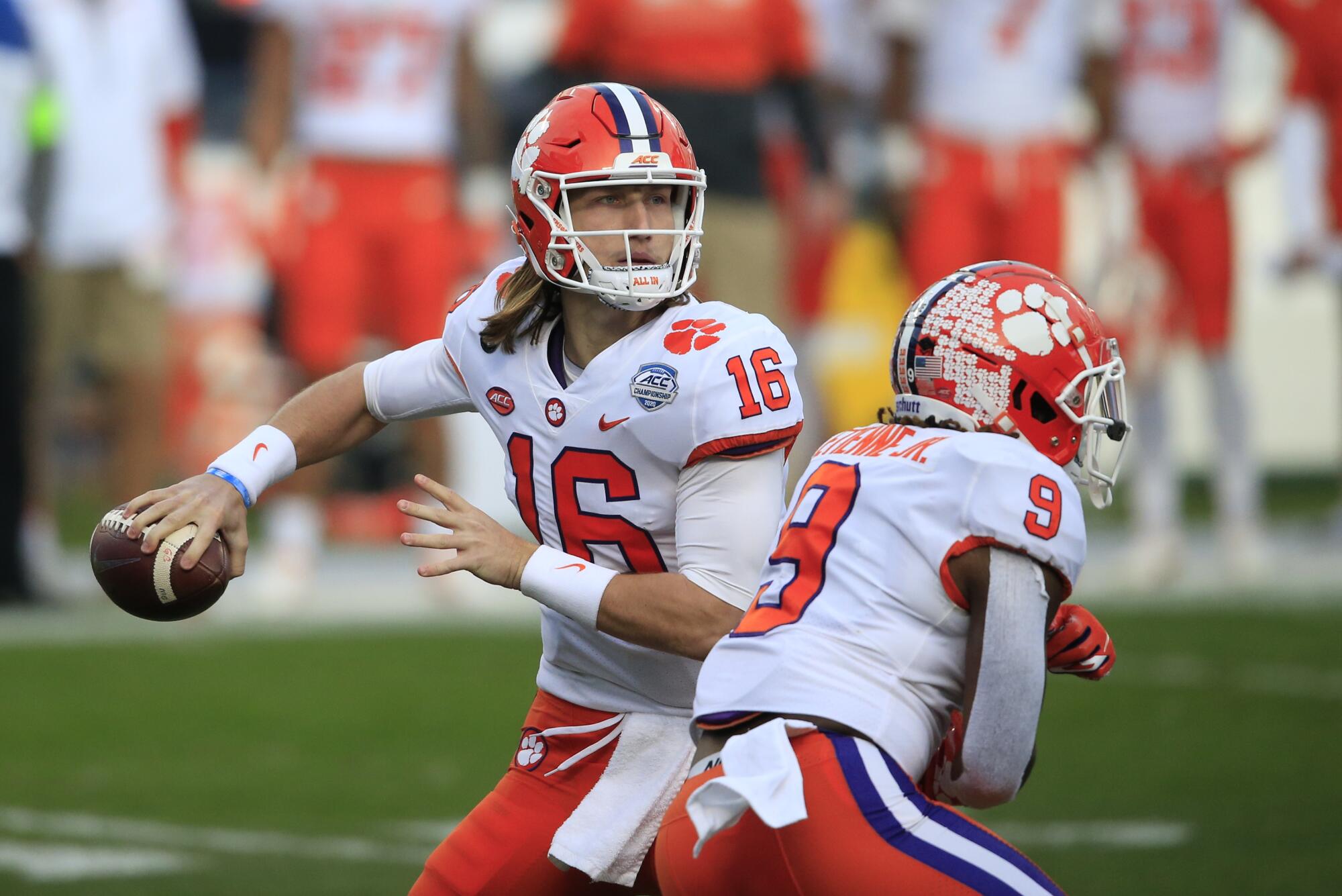 Clemson quarterback Trevor Lawrence looks for a receiver against Notre Dame.