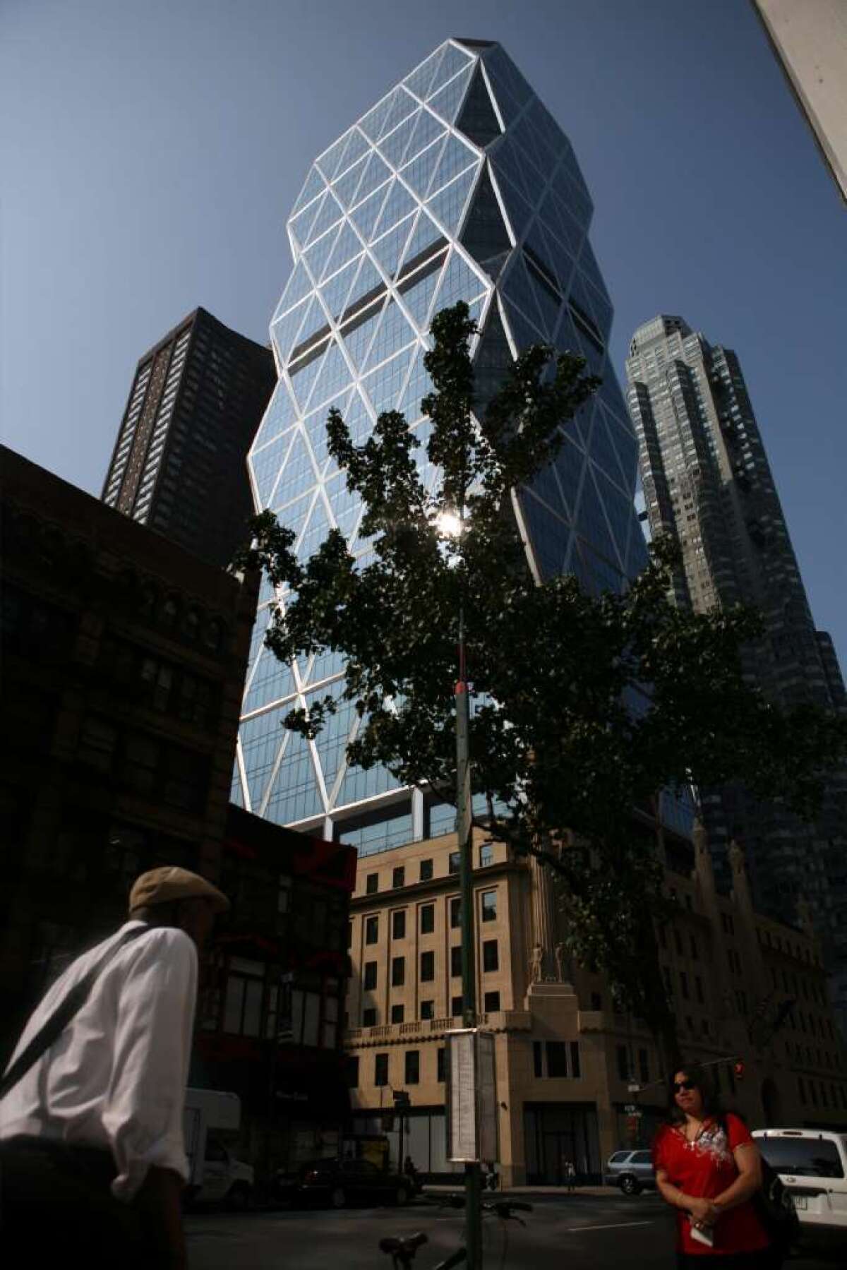 A file photo of the Hearst Tower in midtown Manhattan, where two window washers were trapped Wednesday.