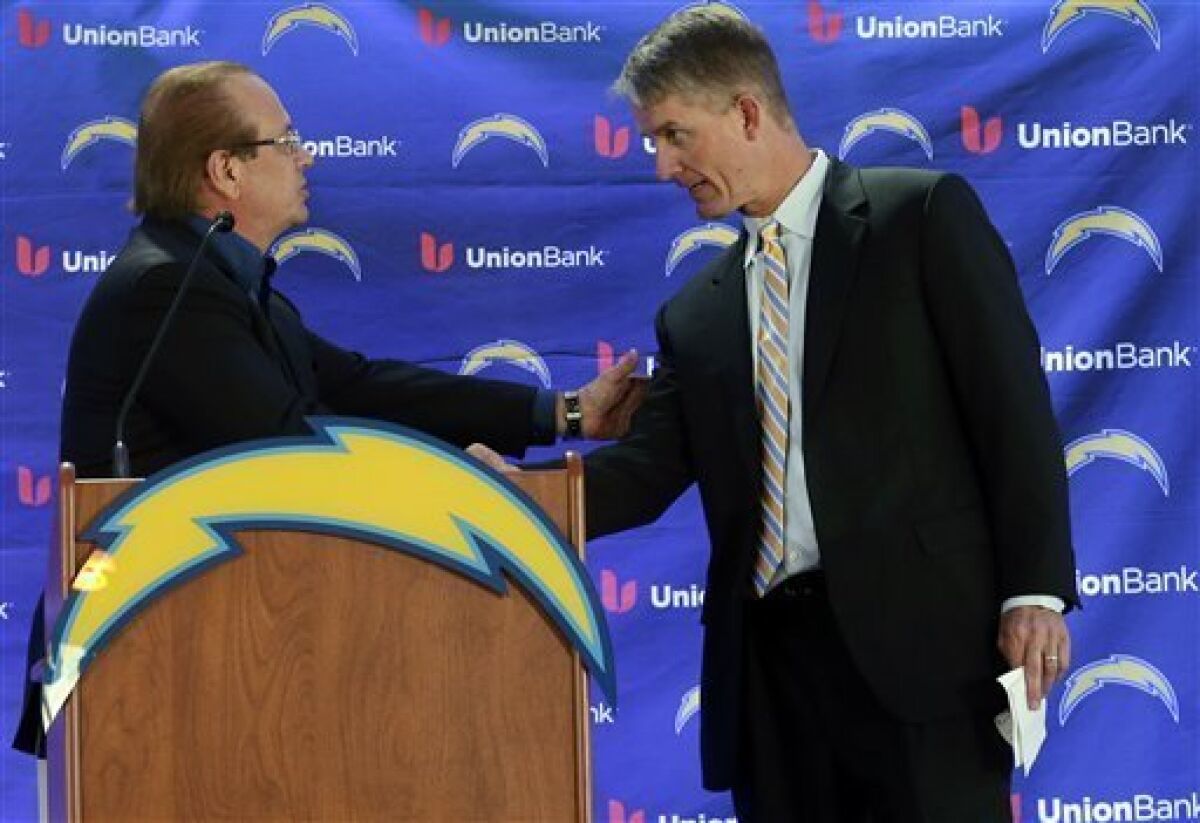 New San Diego Chargers head coach Mike McCoy, right, shakes hands with President Dean Spanos during an NFL football news conference, Tuesday, Jan. 15, 2013, in San Diego. The former offensive coordinator for the Denver Broncos replaces Norv Turner, who was fired along with general manager A.J. Smith after the Chargers finished 7-9 and missed the playoffs for the third straight season. (AP Photo/Gregory Bull)