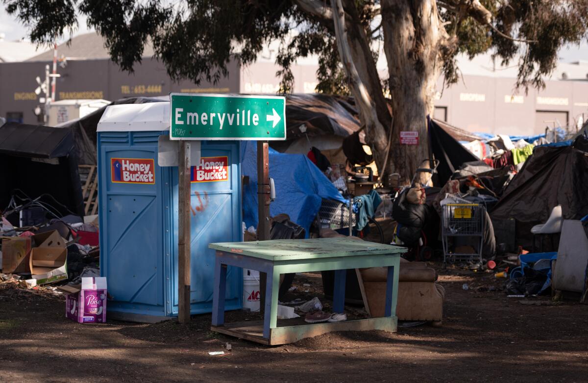 A homeless encampment along a freeway in Emeryville, California on March 26, 2020. 