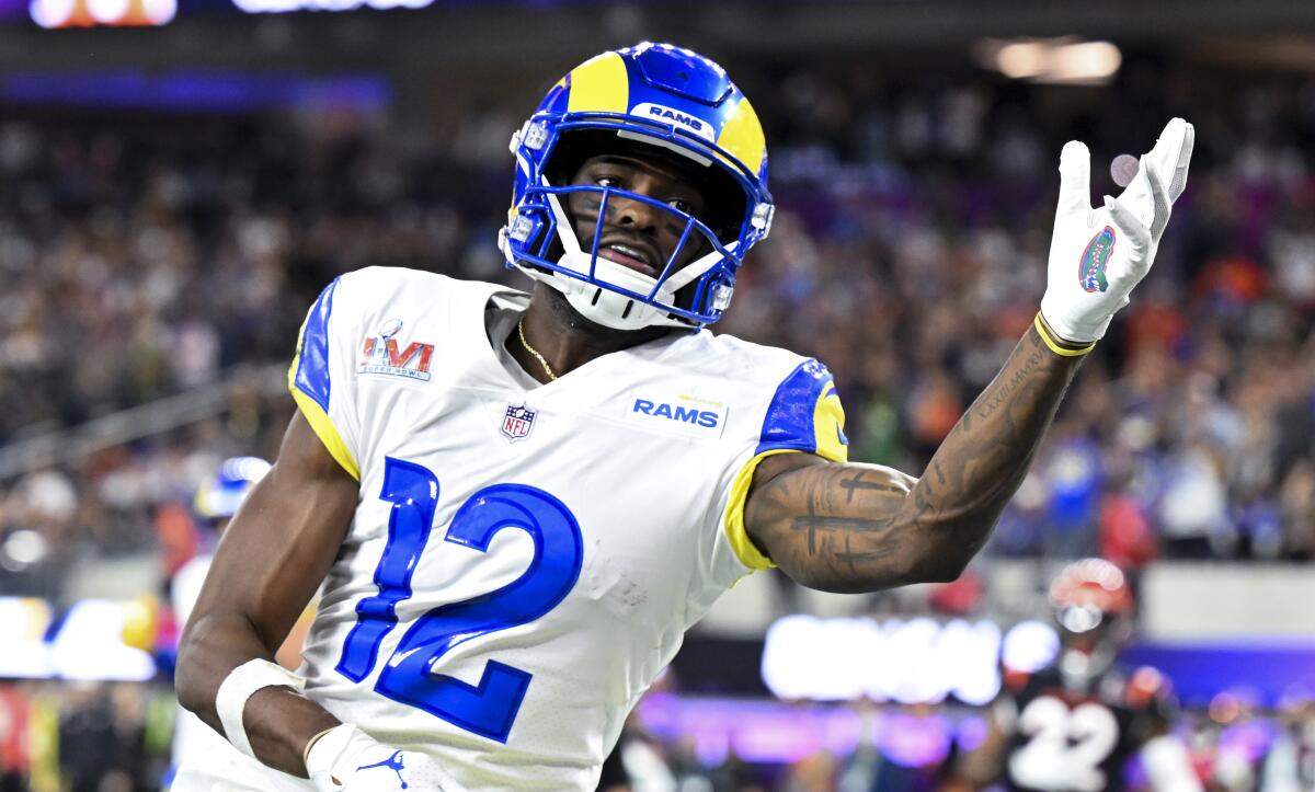 Rams wide receiver Van Jefferson stretches to catch a pass in Super Bowl LVI against the Cincinnati Bengals on Feb. 13.