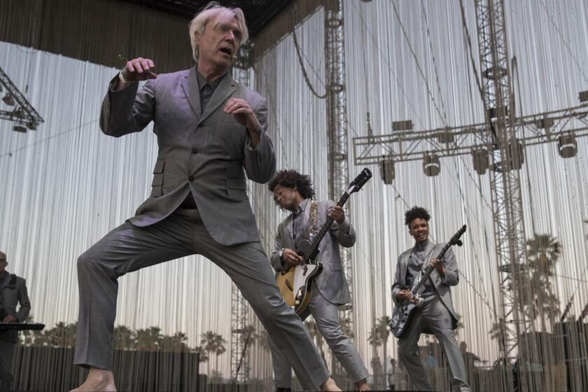 INDIO, CALIF. -- SATURDAY, APRIL 14, 2018: David Byrne on stage at the Coachella Valley Music and Arts Festival in Indio, Calif., on April 14, 2018. (Brian van der Brug / Los Angeles Times)