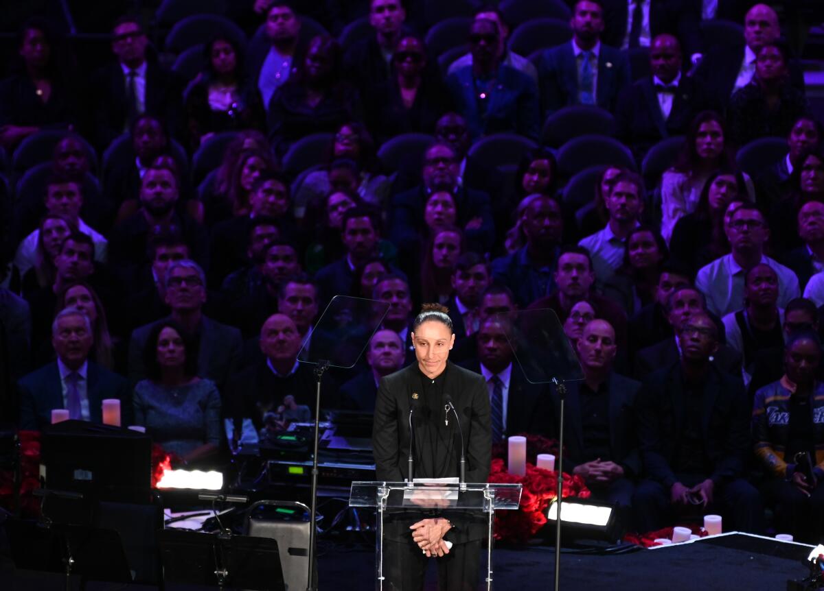 Diana Taurasi speaks at Kobe and Gianna Bryant's memorial service at Staples Center on Monday.