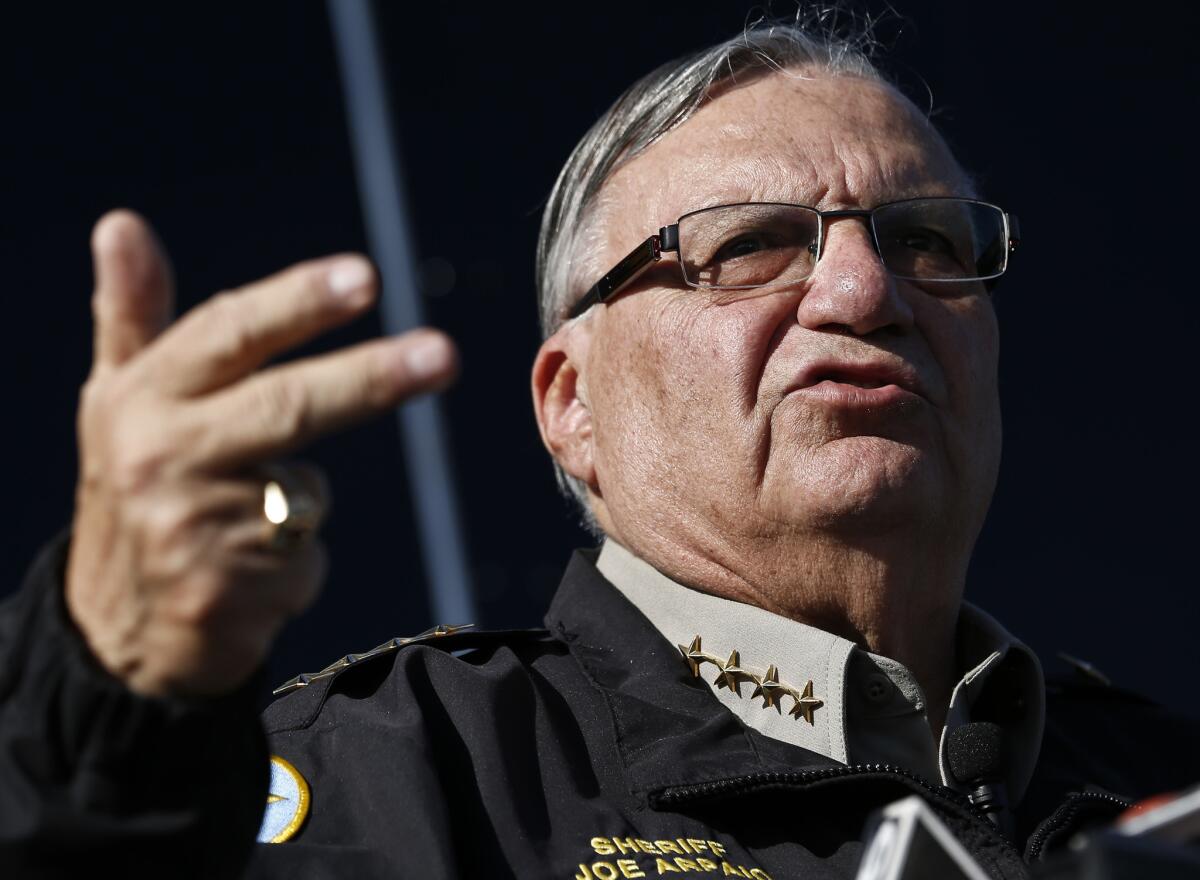 Maricopa County Sheriff Joe Arpaio speaking with the media in Phoenix in January. Authorities say law officers in Arizona have intercepted an explosive device that was earmarked for Arpaio.