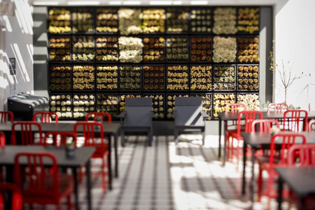 The top floor of Gallery Food Hall features a patio that overlooks the Third Street Promenade. The collection's offerings include a tiny restaurant operated by a Michelin-starred chef, which requires reservations.