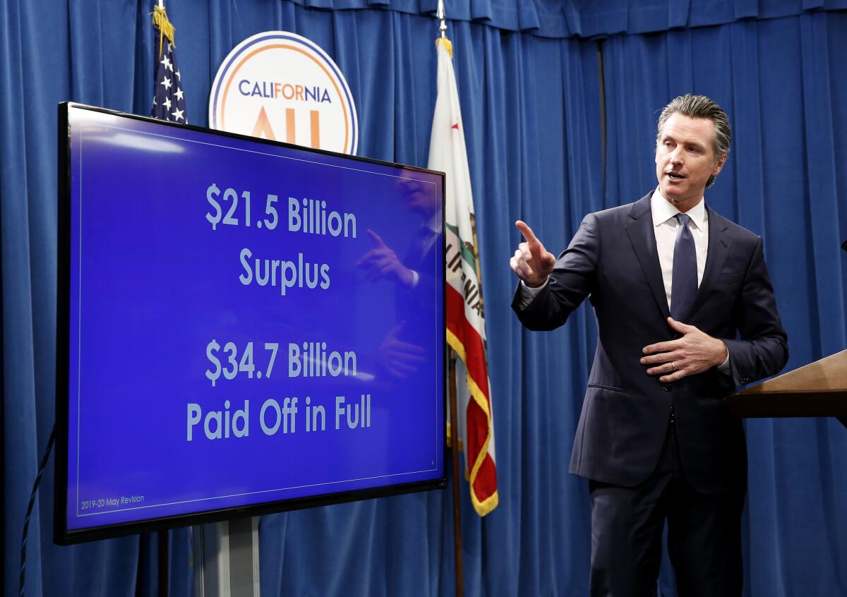 Gov. Gavin Newsom discusses his revised state budget, which includes a proposed $21.5-billion surplus, the largest in at least 20 years, during a news conference May 9 in Sacramento.