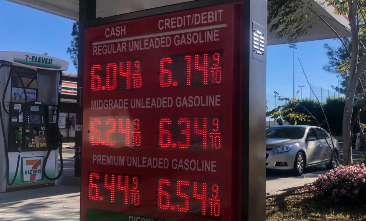 The posted prices at a 7-Eleven gas station in San Diego in March.