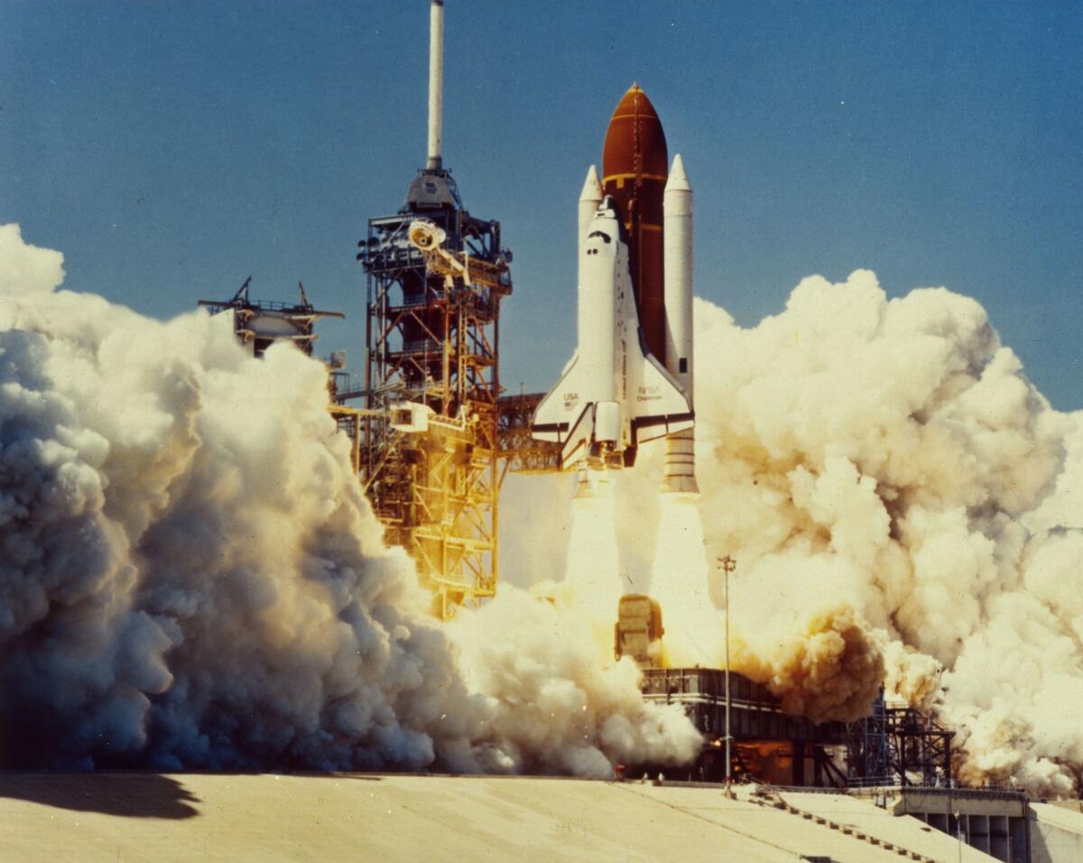 The space shuttle Challenger takes off from the Kennedy Space Center. 73 seconds later, the shuttle exploded.
