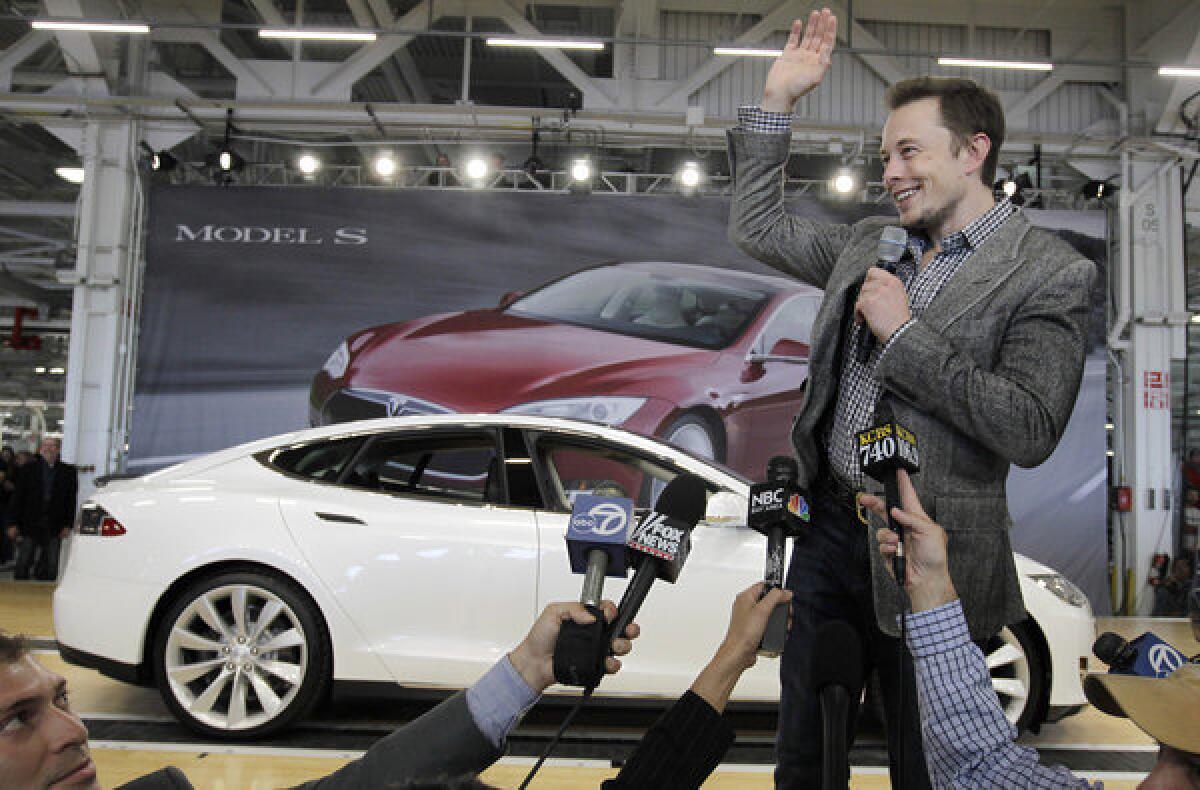 Elon Musk at a rally at the Tesla car factory in Fremont.