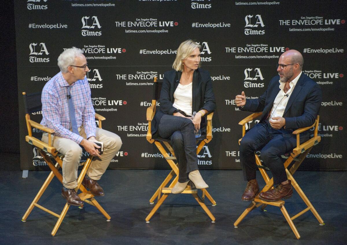 Times writer Glenn Whipp, left, talks with producer Jennifer Fox and writer-director Scott Z. Burns about their film, "The Report," which chronicles the effort to uncover CIA practices during the War on Terror.