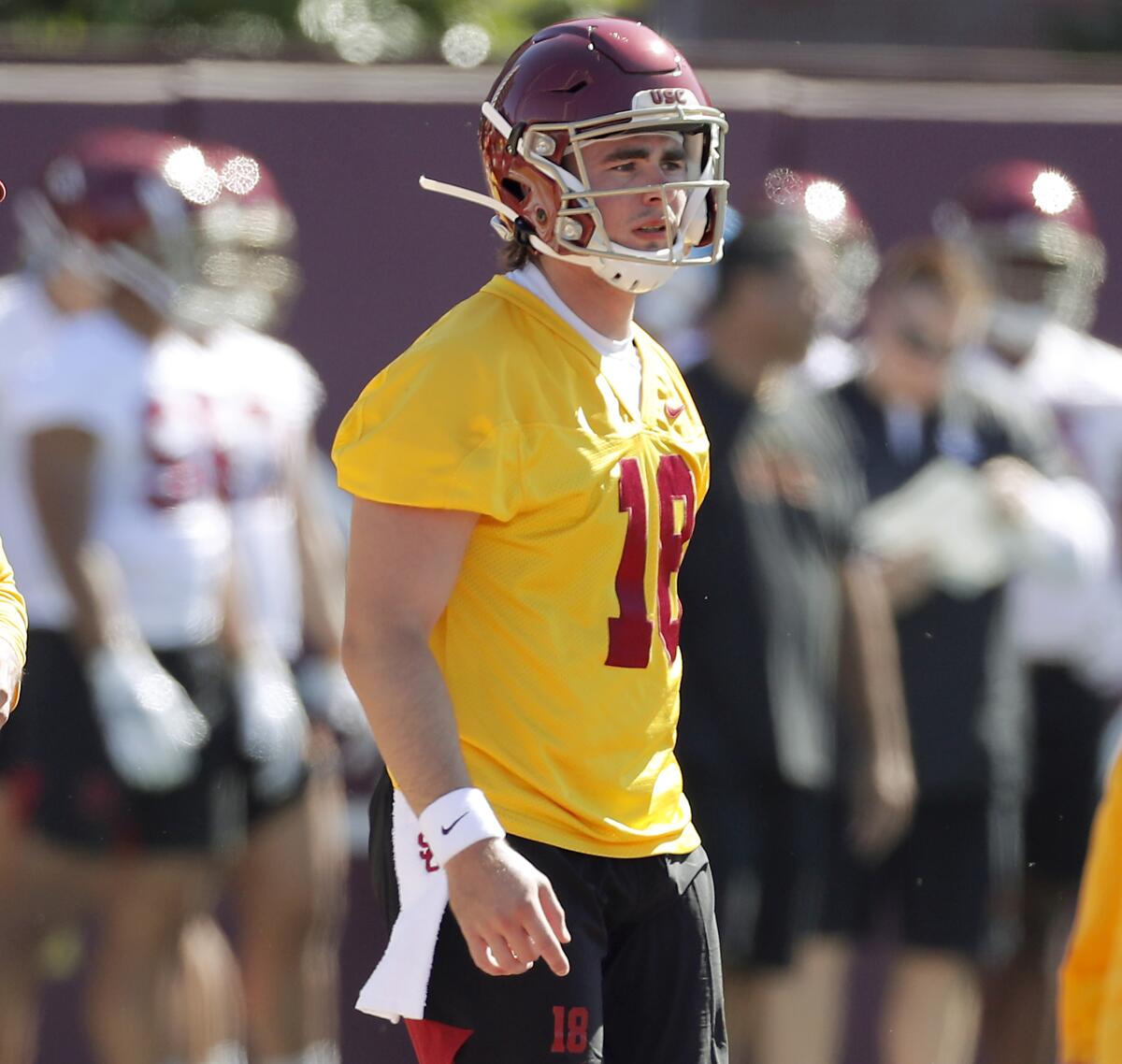 USC quarterback JT Daniels reports to the opening of training camp at USC on Friday. A product of Santa Ana Mater Dei High School, Daniels started for the Trojans last season. 
