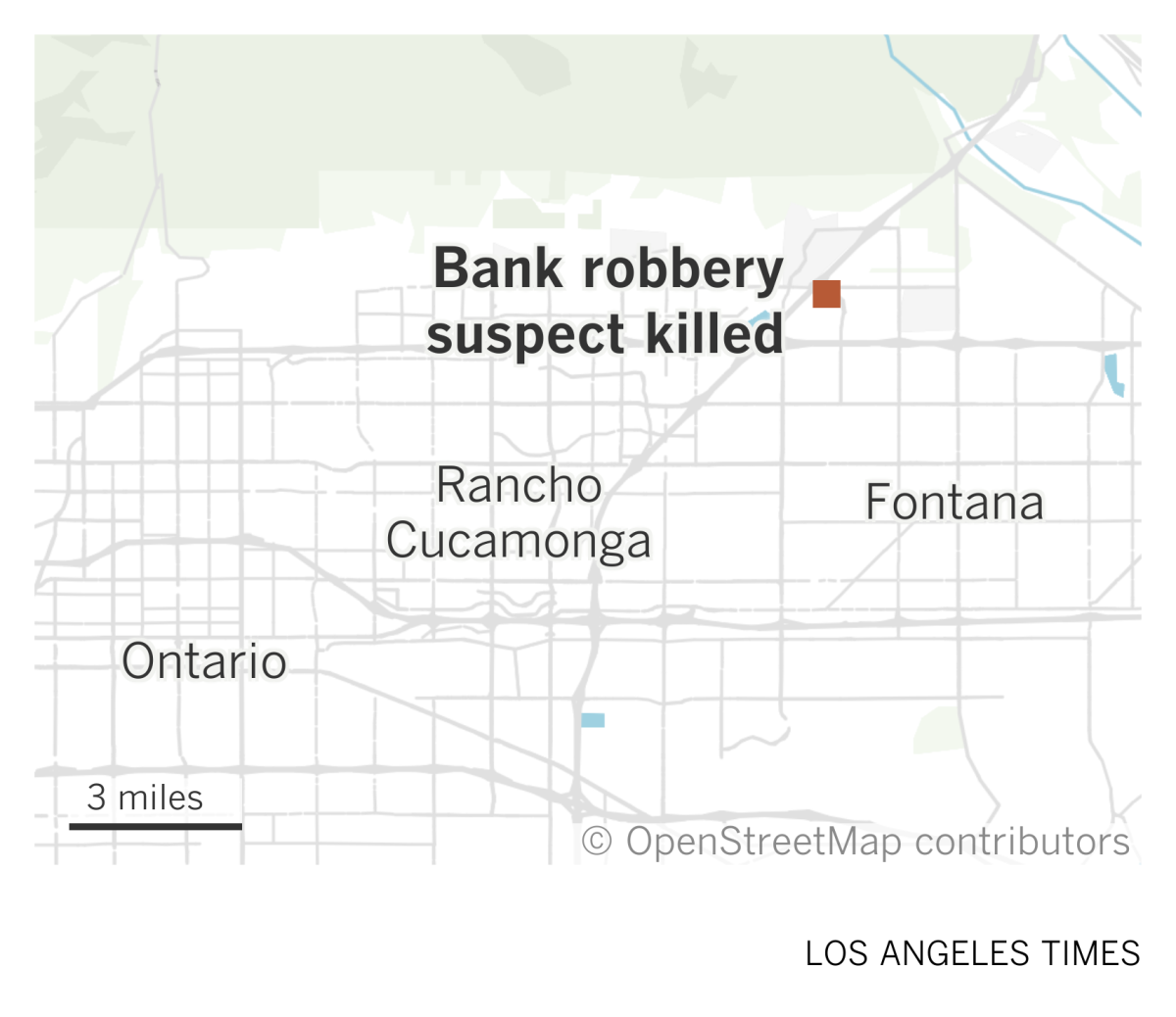 A map of the Inland Empire showing the location of a Bank of America where a robbery suspect was killed in Fontana