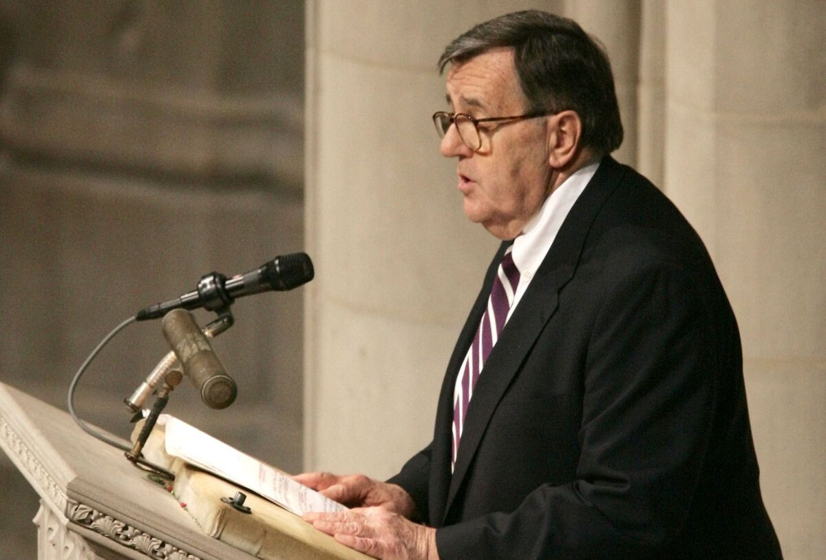 FILE - Mark Shields, a syndicated columnist and political analyst, speaks during a memorial service for the late U.S. Sen. William Proxmire, Saturday, April 1, 2006, at the National Cathedral in Washington. Shields, who shared his insight into American politics and wit on “PBS NewsHour” for decades, has died. He was 85. “PBS NewsHour” spokesman Nick Massella says Shields died Saturday, June 18, 2022 of kidney failure at his home in Chevy Chase, Md. (AP Photo/Haraz N. Ghanbari, File)