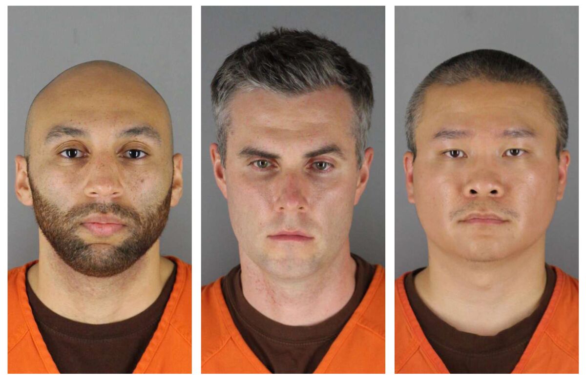 HOLD FOR STORY MOVING OVERNIGHT — FILE — This combination of photos provided by the Hennepin County Sheriff's Office in Minnesota on Wednesday, June 3, 2020, shows from left, Minneapolis Police Officers J. Alexander Kueng, Thomas Lane and Tou Thao. Attorneys for two former Minneapolis police officers charged with aiding and abetting murder in the death of George Floyd are asking a judge to bar their clients' upcoming trial from being livestreamed, saying some witnesses won't testify if the proceedings are broadcast. (Hennepin County Sheriff's Office via AP, File)