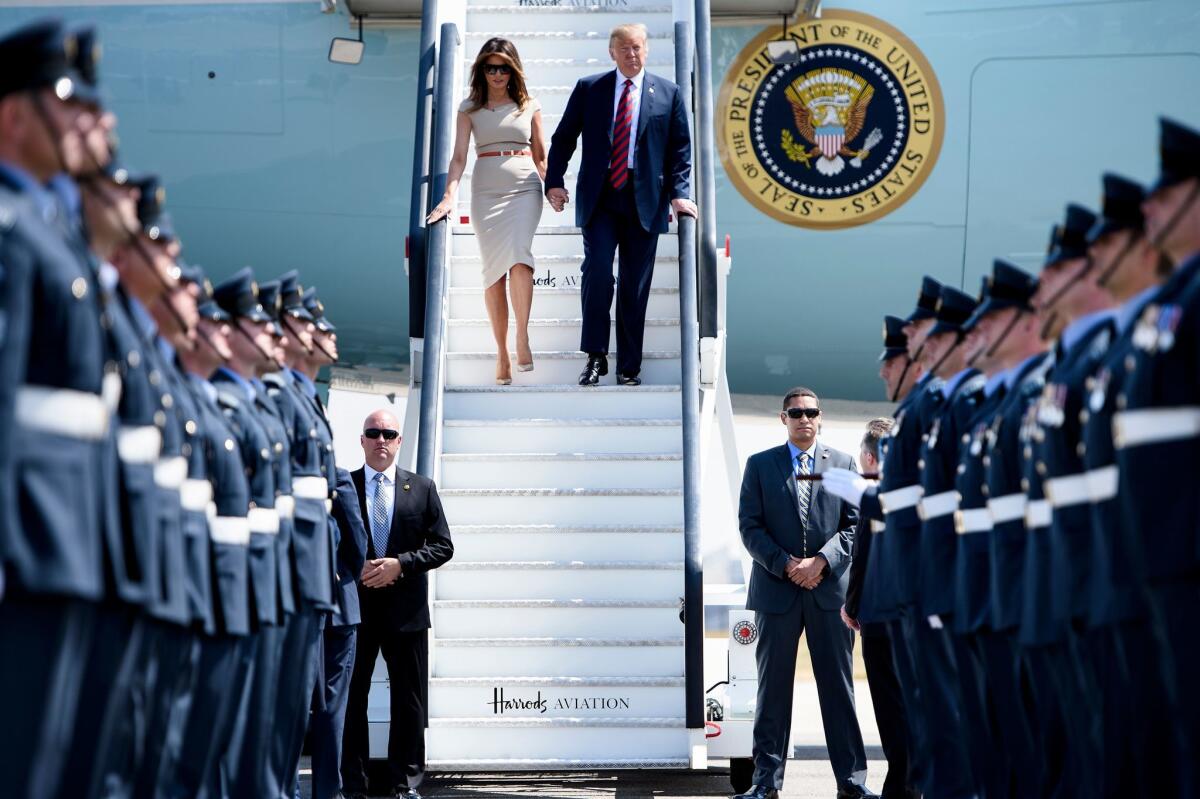 President Trump and First Lady Melania Trump disembark Air Force One at Stansted Airport, north of London on July 12.