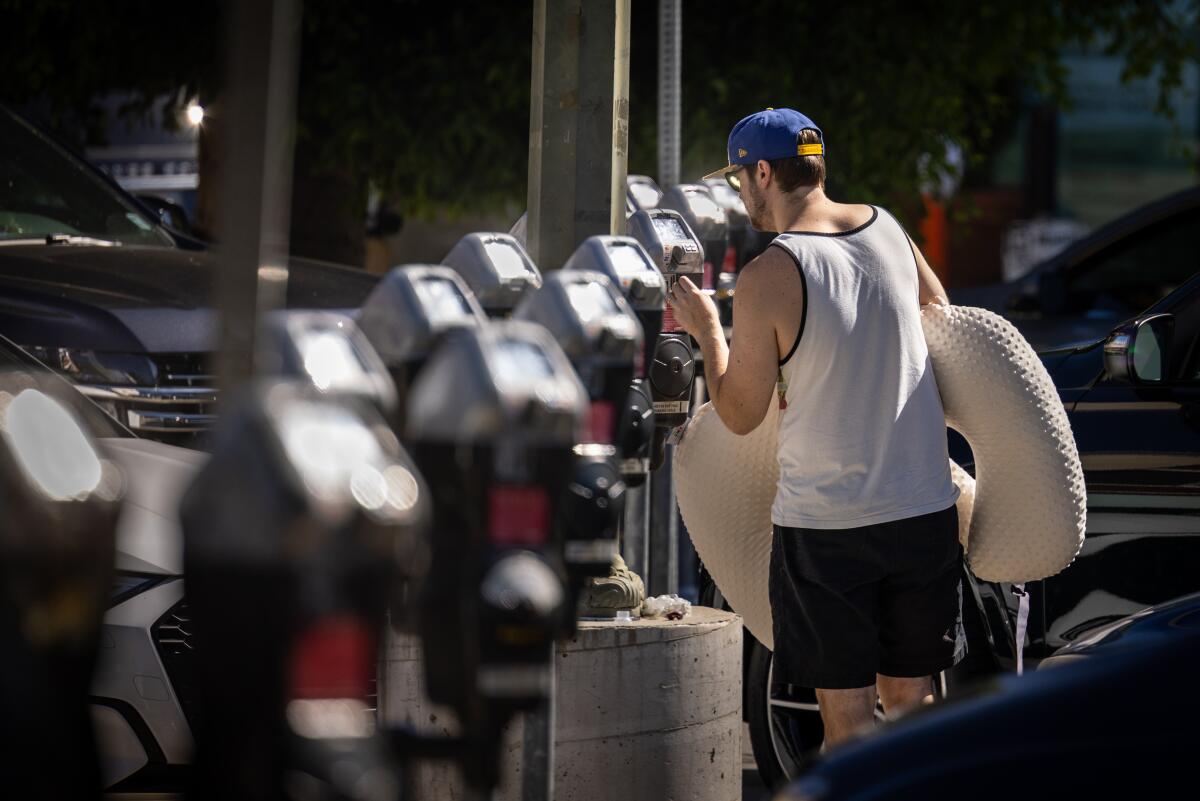 A man stands in front of a line of parking meters.