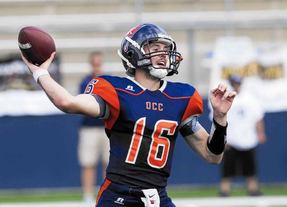 Orange Coast College's Mason Dossey threw for 406 yards and three touchdown passes, completing 27 of 36 with no interceptions in his first start against Cerritos.