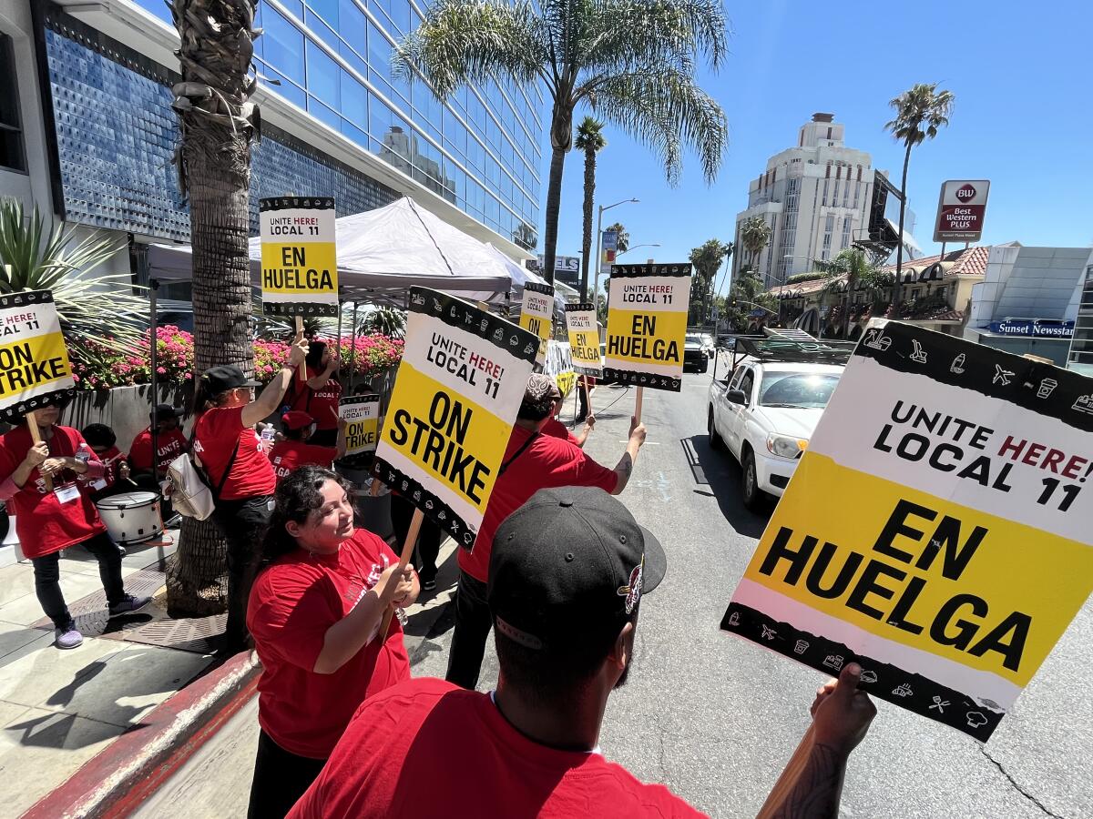 Hotel workers picket outside the Andaz West Hollywood on July 20. 