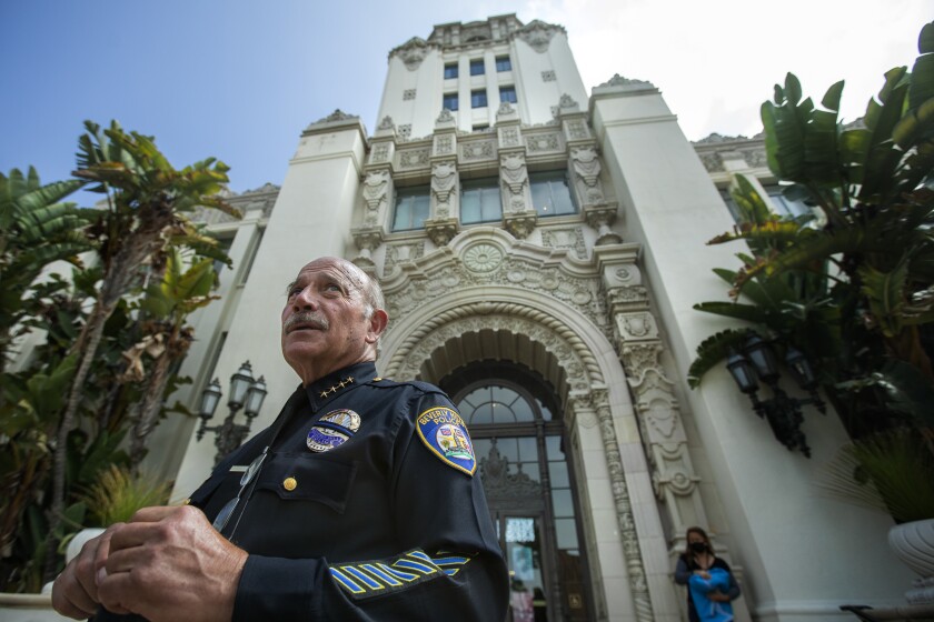BEVERLY HILLS, CA - MAY 12, 2021: Dominick Rivetti, Interim Beverly Hills Police Chief, is photographed outside of Beverly Hills City Hall, after a press conference there where he announced and discussed the arrest of 3 gang members in the armed robbery at a popular Beverly Hills restaurant on March 4, 2021, where a $500,000 watch was stolen. (Mel Melcon / Los Angeles Times)