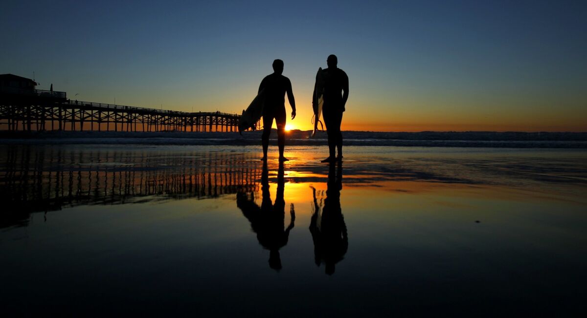 Jeremy Caveness, left, and Ryan Guest watch the sunset after a surf in Pacific Beach.