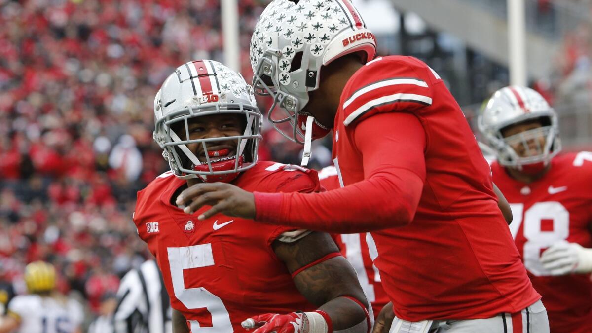 Running back Mike Weber (5) and No. 6-ranked Ohio State are taking on No. 21 Northwestern in the Big Ten Conference title game Saturday at Indianapolis.