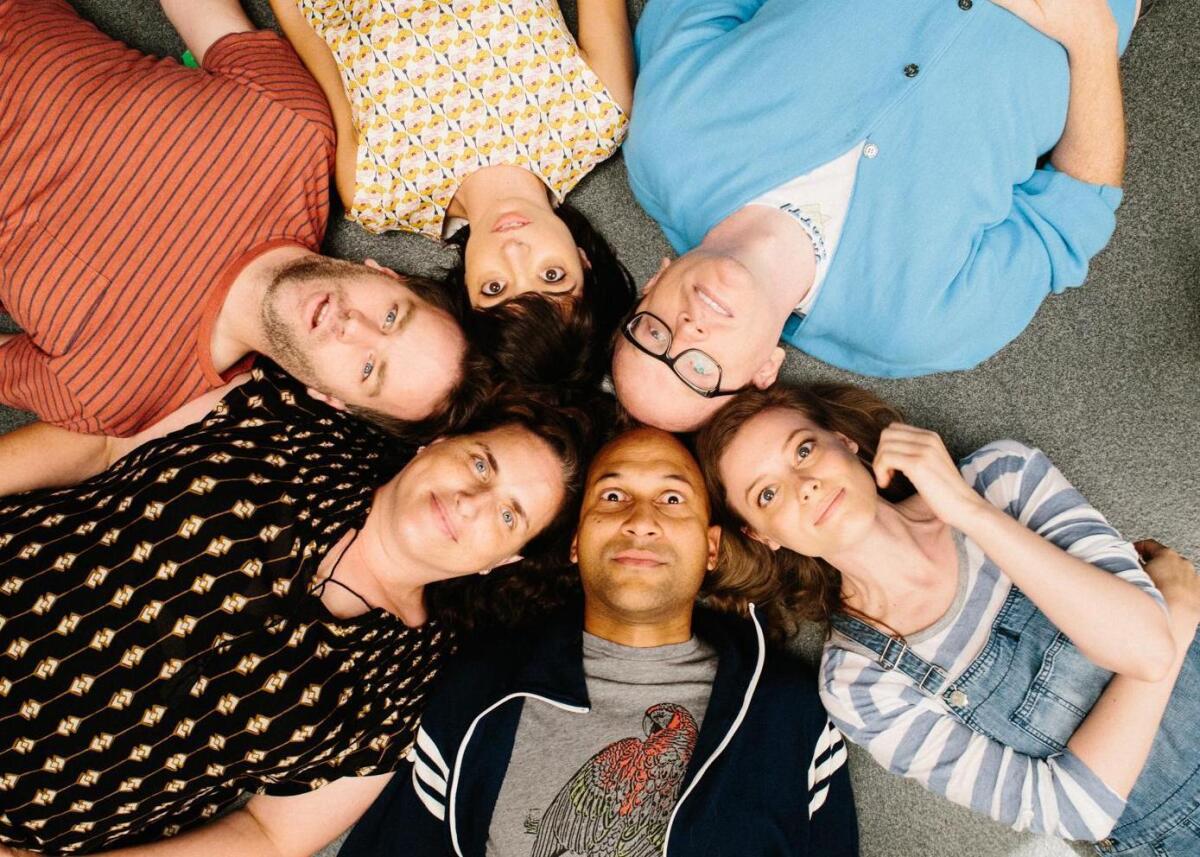 Mike Birbiglia, counterclockwise from upper left, Tami Sagher, Keegan-Michael Key, Gillian Jacobs, Chris Gethard and Kate Micucci in Birbiglia's "Don't Think Twice."