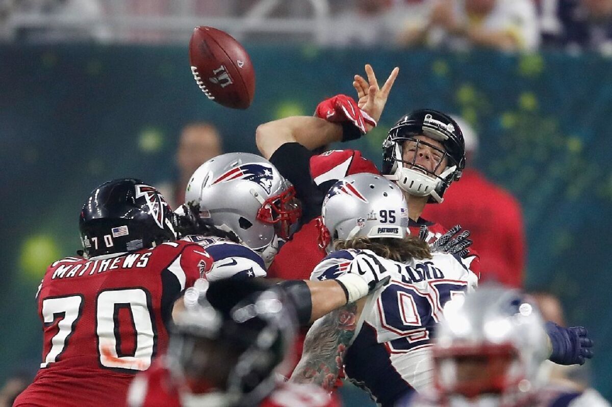 Falcons quarterback Matt Ryan (2) is sacked by Patriots linebacker Dont'a Hightower (54) during the second half of Super Bowl 51 on Feb. 5.