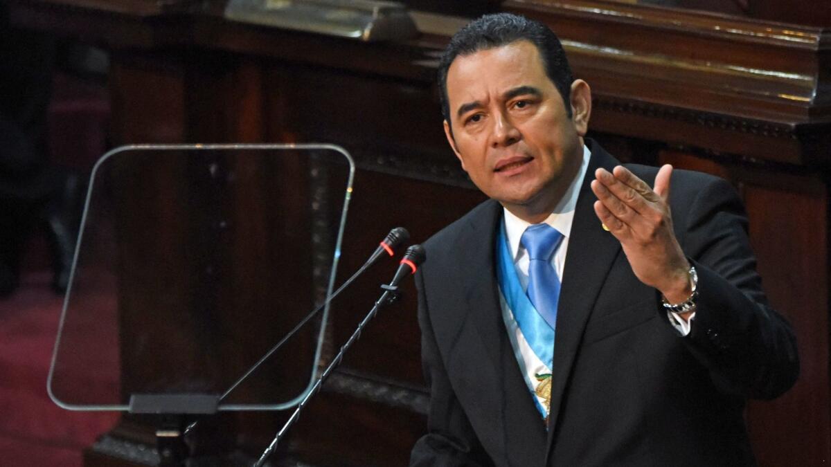 Guatemalan President Jimmy Morales speaks while presenting his government's annual report in Guatemala City on Jan. 14, 2019.