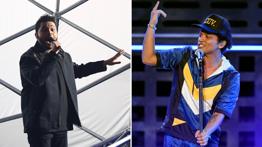 The Weeknd, left, and Bruno Mars have new albums inspired by the 1980s.