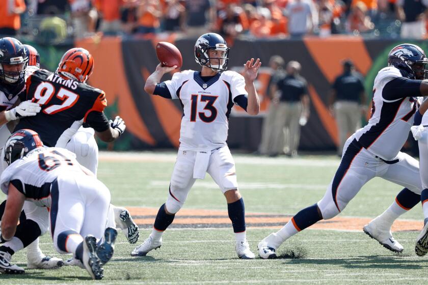Broncos quarterback Trevor Siemian (13) throws a pass during the second quarter of a game against the Cincinnati Bengals earlier this season.