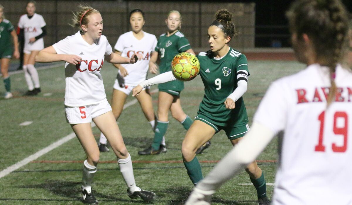 Senior Lizzy Teran (#9) had a pair of goals for LCC Thursday night.