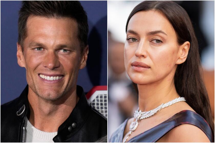 A split image of Tom Brady smiling in a leather jacket and Irina Shayk posing in a metallic dress and chunky necklace