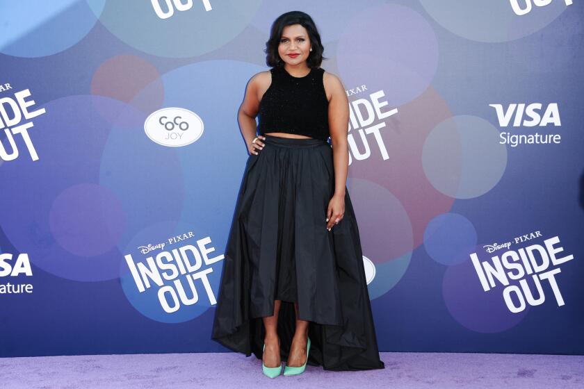 Mindy Kaling, photographed here at the L.A. premiere Of "Inside Out" on June 8, teases her upcoming pregnancy costumes on "The Mindy Project."
