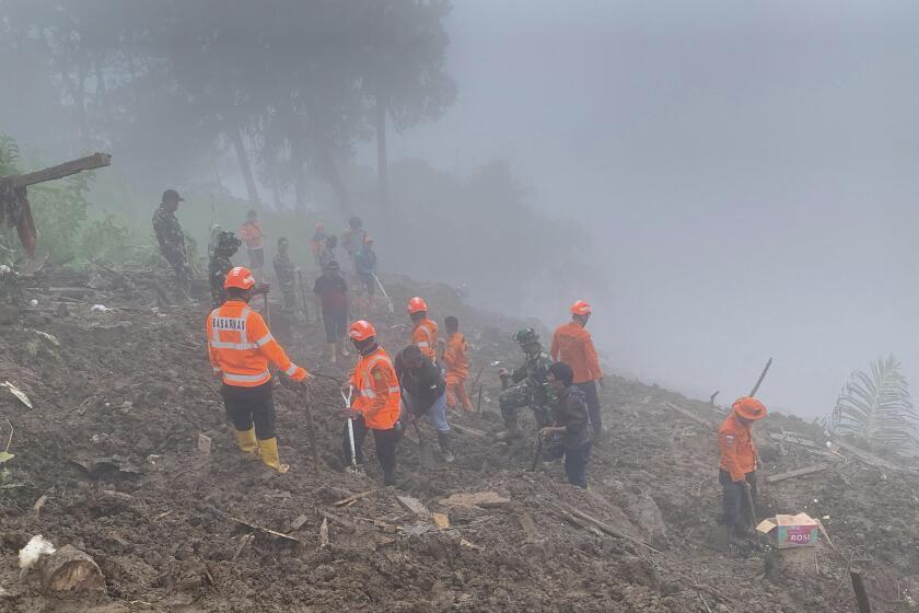 En esta fotografía difundida por la Agencia Nacional de Búsqueda y Rescate de Indonesia, rescatistas buscan a sobrevivientes en una aldea afectada por un deslave en el distrito de Tana Toraja de la provincia de Sulawesi del Sur, el lunes 15 de abril de 2024, en Indonesia. (Agencia Nacional de Búsqueda y Rescate vía AP)