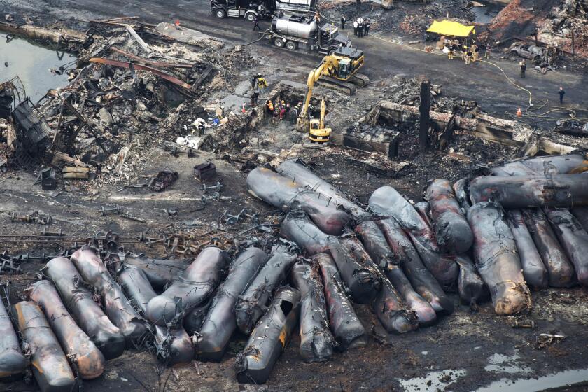 All but one of the 73 oil-laden tankers behind a Montreal, Maine & Atlantic Railway locomotive derailed when the runaway train plowed into the Quebec town of Lac-Megantic on July 6, igniting a massive fire that killed 47 people and destroyed much of the town center.