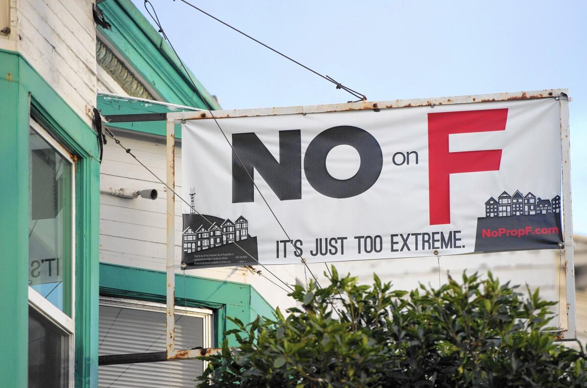 A sign showing opposition to Proposition F, which was soundly defeated by San Francisco voters on Tuesday.