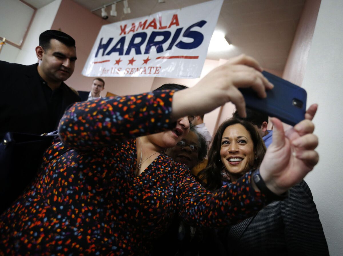 Kamala Harris, a candidate for the U.S. Senate, campaigning at the Building Constructions Trades Council in Los Angeles.