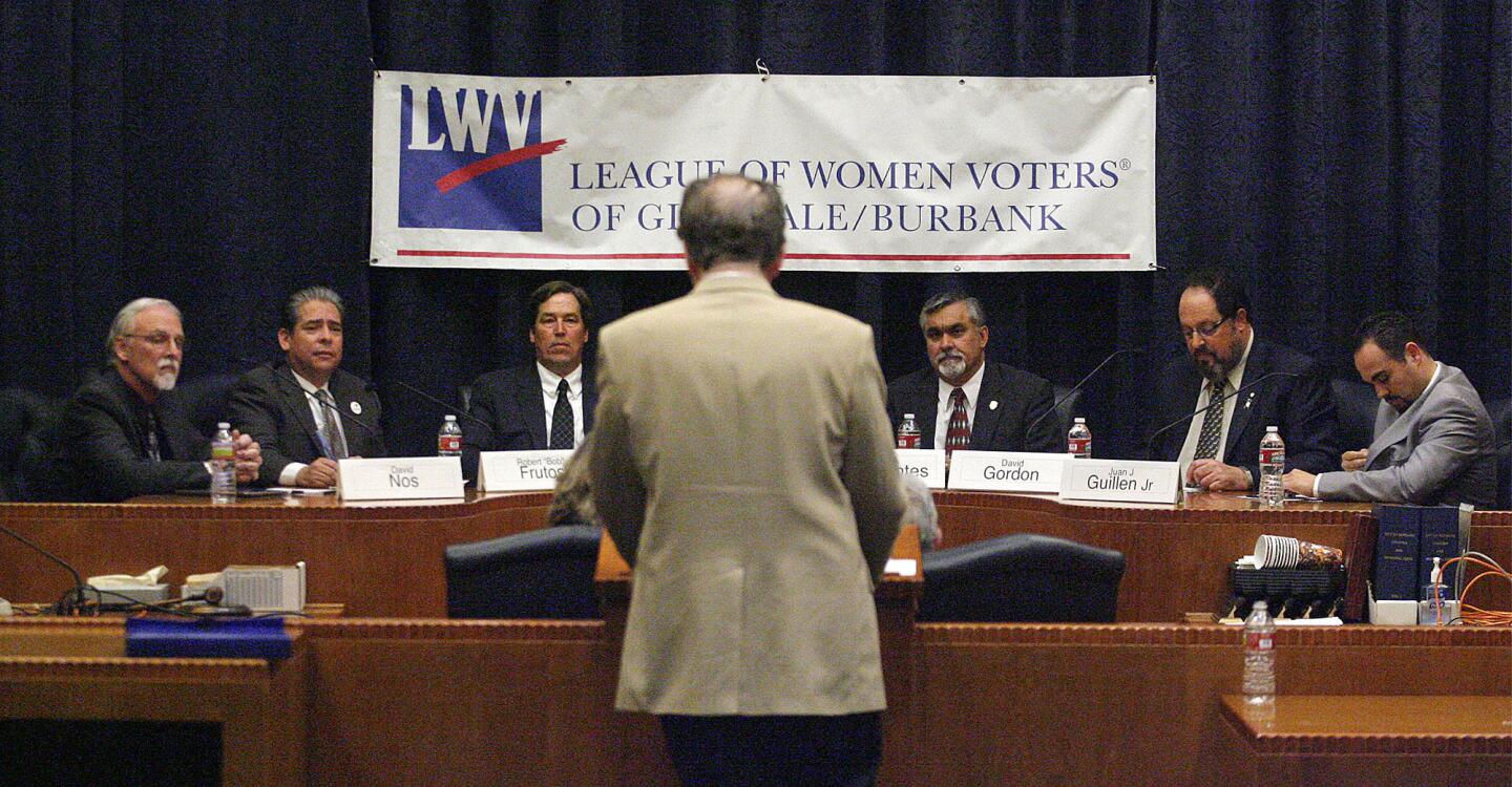 City council candidates listen to the moderator give instructions in the city council chambers at Burbank City Hall where the League of Women Voters held candidate forums for the upcoming local elections on Wednesday, January 30, 2013.