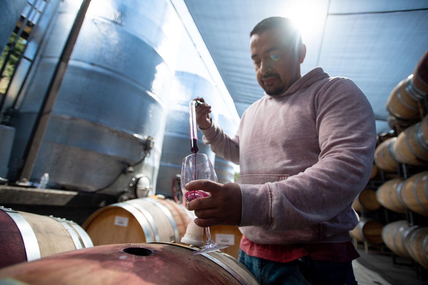 Emiglio Garcia tests the integrity of wine at Alexander Valley Vineyards.