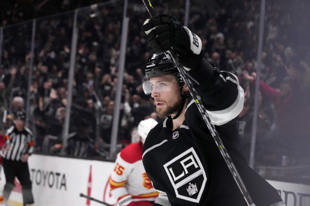 Kings forward Adrian Kempe celebrates after scoring against the Calgary Flames on March 20.