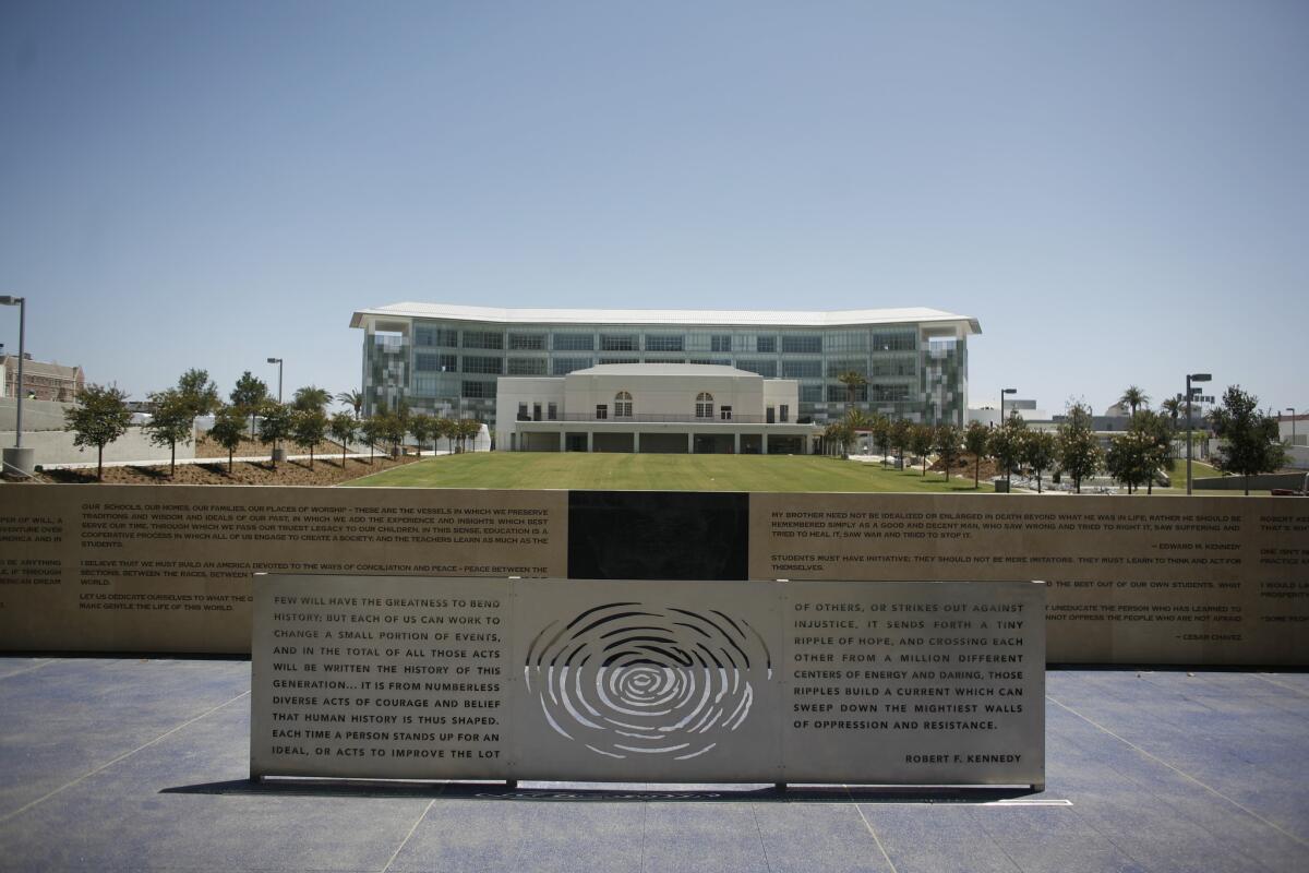 Today a memorial to Robert F. Kennedy sits between Wilshire Boulevard and an LAUSD campus in Koreatown. This photograph was taken in 2010.