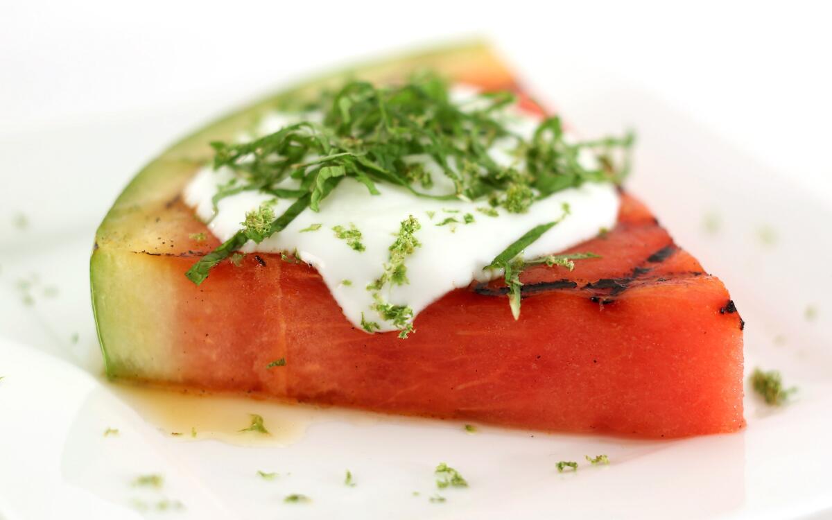 Grilled watermelon with mint, lime, honey and yogurt