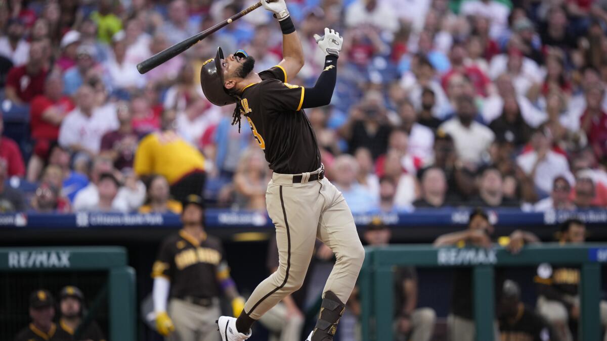 PHILADELPHIA, PA - JULY 14: Fernando Tatis Jr. #23 of the San Diego Padres  at bat during the game against the Philadelphia Phillies at Citizens Bank  Park on July 14, 2023 in