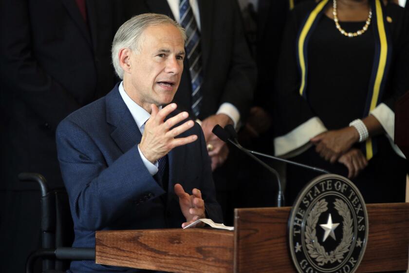 FILE - In this July 8, 2016, file photo, Texas Gov. Greg Abbott responds to questions during a news conference at City Hall in Dallas. Abbott is demanding quicker action from a retired Texas Ranger he picked to take over child welfare as new figures show the state fails to check on hundreds of allegedly abused or neglected kids each day. (AP Photo/Tony Gutierrez, File)